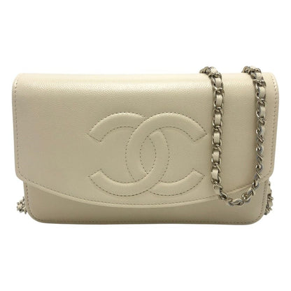 Chanel Shoulder Bag CC Logo Caviar Leather Cream White