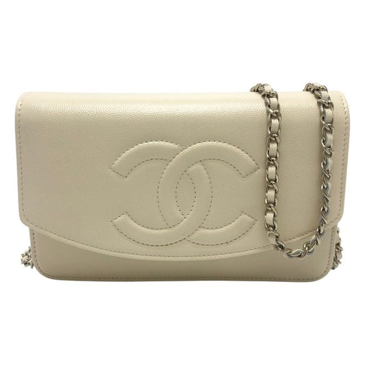 Chanel Shoulder Bag CC Logo Caviar Leather Cream White