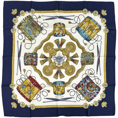 Hermes Scarf Carre 90 les Tambours Taiko Drum Silk Navy Multicolor Musical