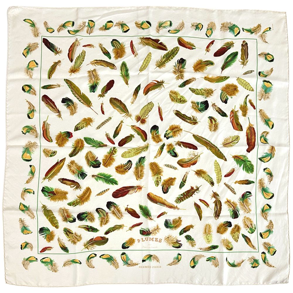 Hermes Scarf Carre 90 Plumes Par Henride Linares Feather Silk White Cream Large