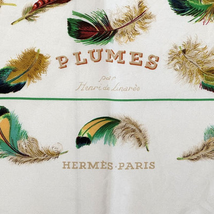 Hermes Scarf Carre 90 Plumes Par Henride Linares Feather Silk White Cream Large — view 2