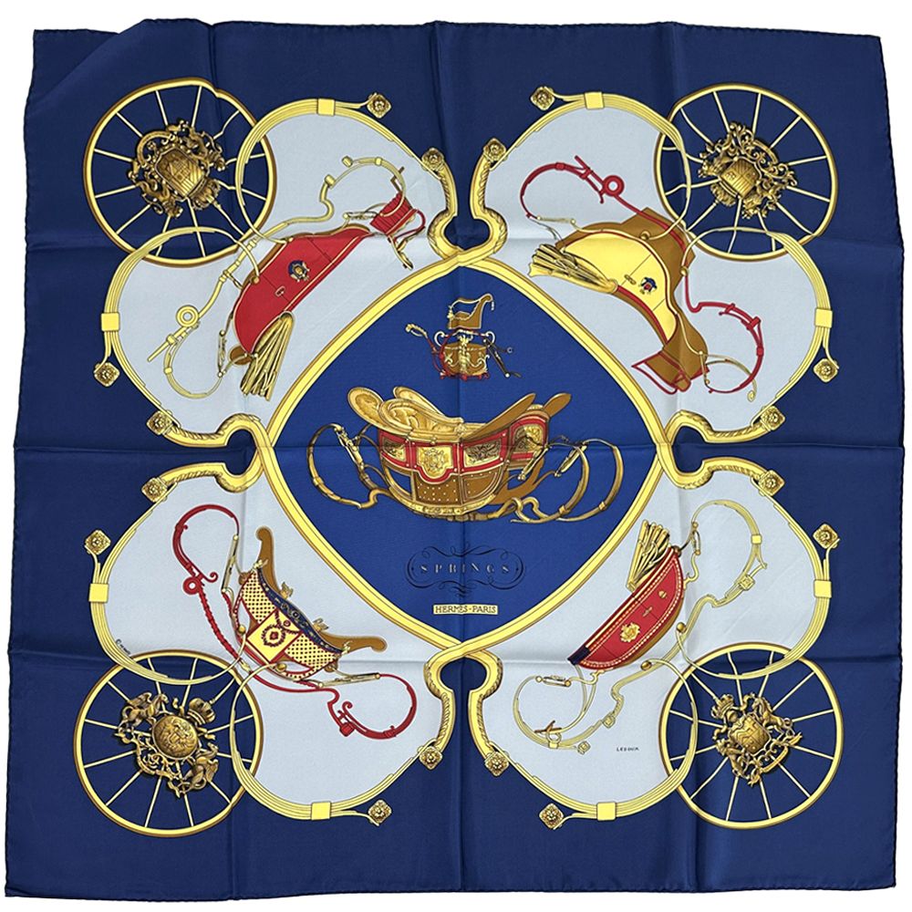 Hermes Scarf Carre 90 Spring Silk Navy Blue Multicolor Carriage Large