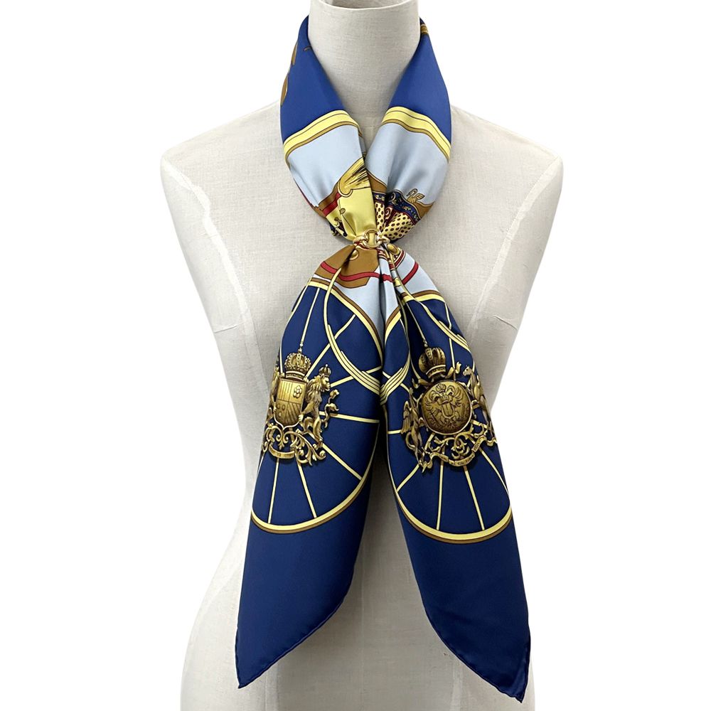 Hermes Scarf Carre 90 Spring Silk Navy Blue Multicolor Carriage Large — view 6