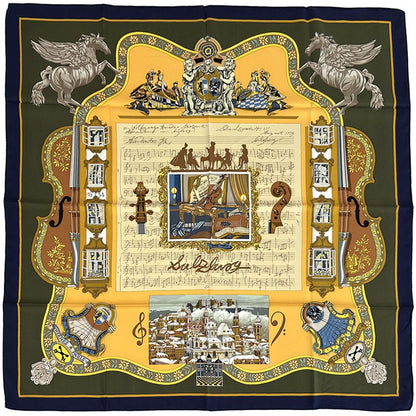 Hermes Scarf Carre 90 in Salzburg Silk Khaki Green Yellow Multicolor Musical