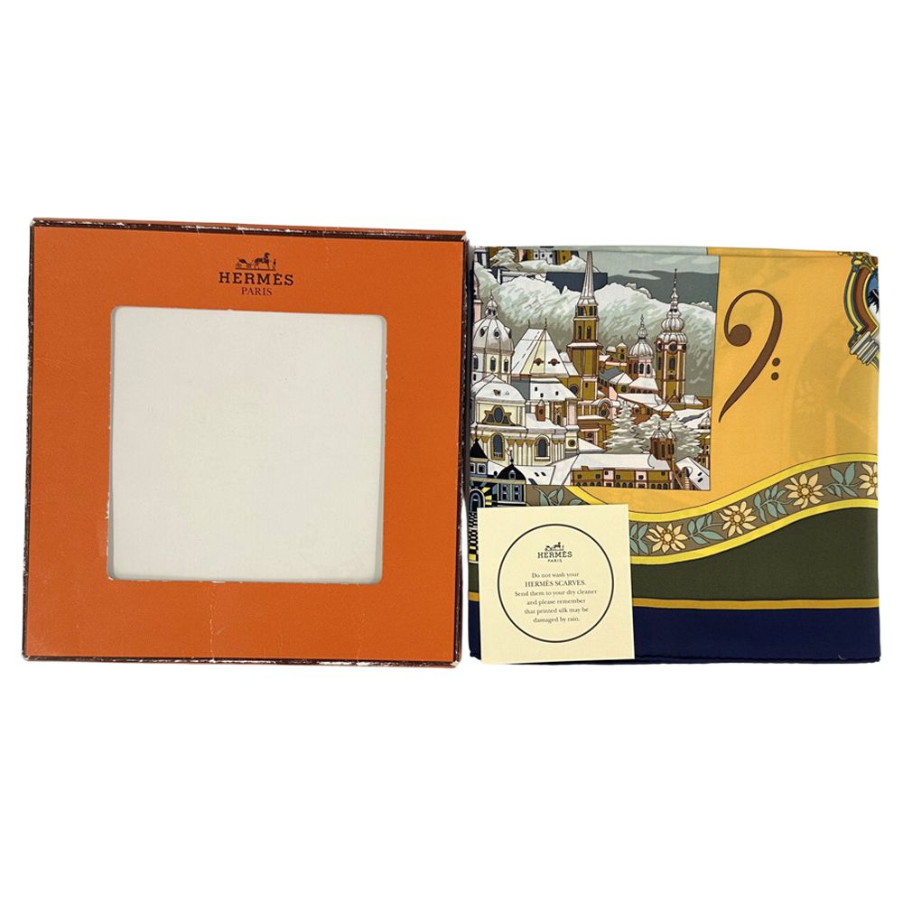 Hermes Scarf Carre 90 in Salzburg Silk Khaki Green Yellow Multicolor Musical — view 8
