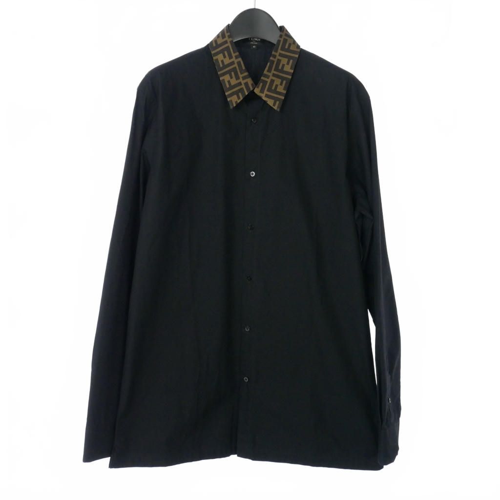 Fendi Shirt Long Sleeve Zucca Pattern Cotton Silk 41 Black