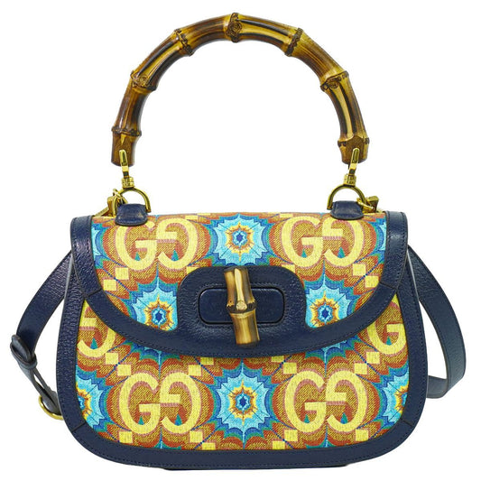 Gucci Bamboo 2-Way Shoulder Bag Pochette Leather Navy Multicolor