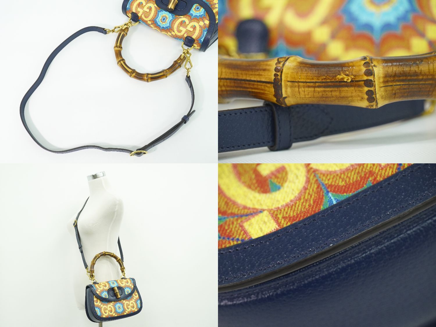 Gucci Bamboo 2-Way Shoulder Bag Pochette Leather Navy Multicolor — view 6