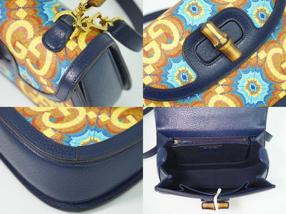 Gucci Bamboo 2-Way Shoulder Bag Pochette Leather Navy Multicolor — view 7