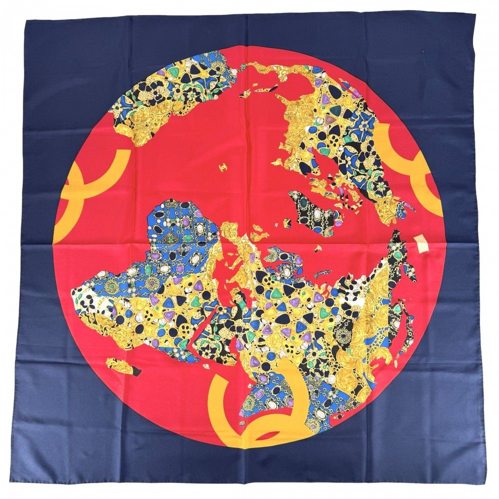 Chanel Scarf CC Logo Items Large Motif Silk Navy Red