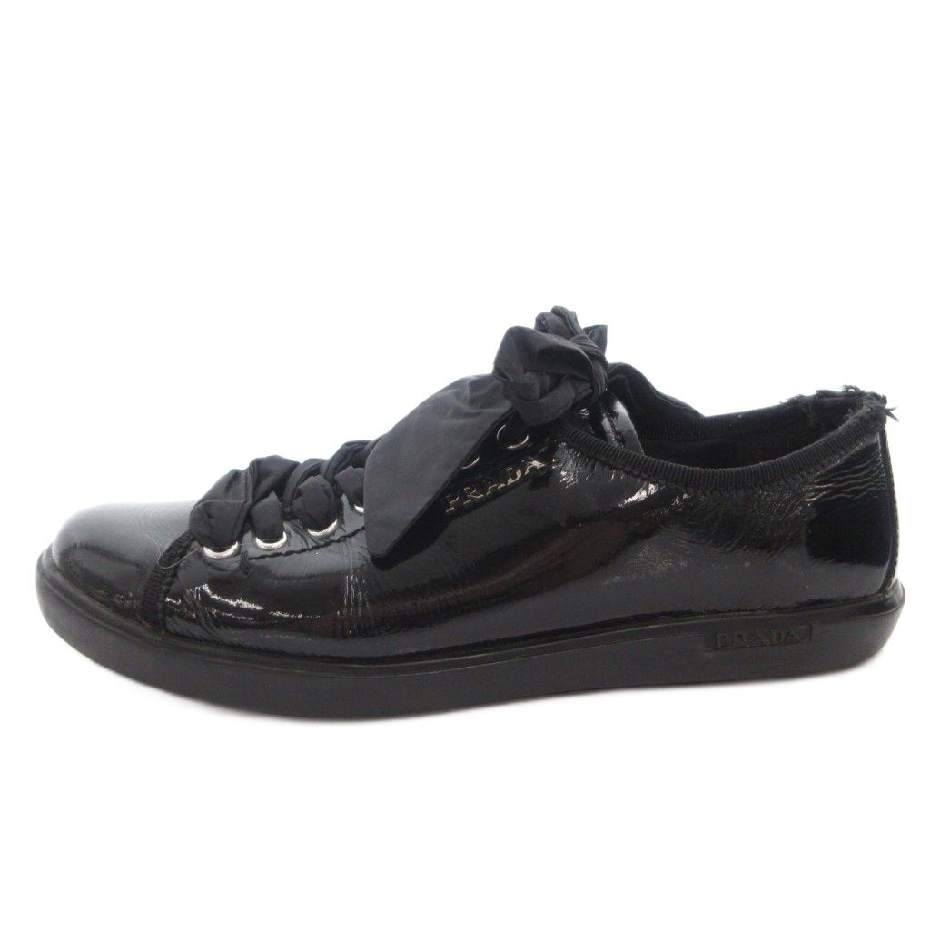 Prada Sport Sneakers Shoes Low Cut Enamel Lace Up Logo 37.5 Black