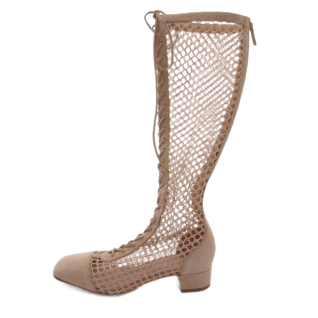 Dior Long Boots Mesh Lace Up Suede 35 Pink Beige NE — view 2