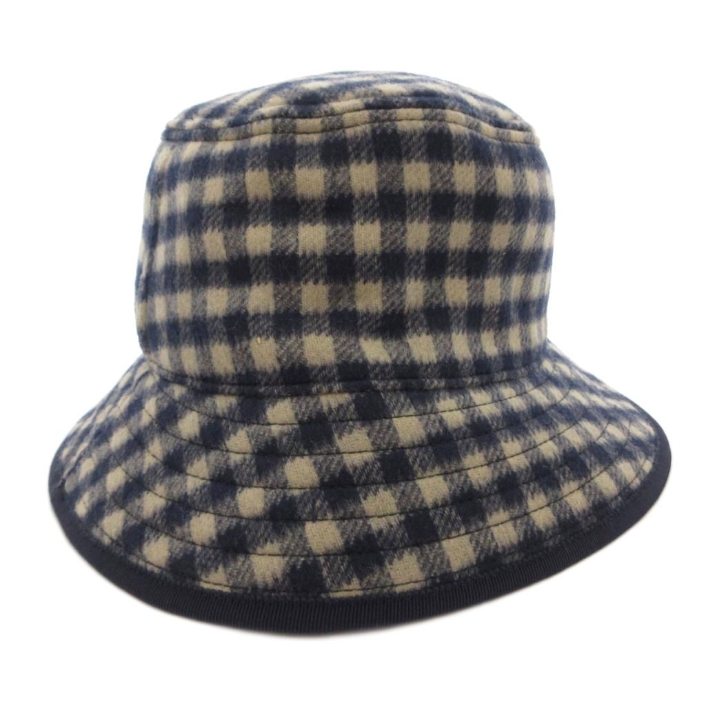 Gucci Bucket Hat Wool Silk Blend Plaid Lining Big GG Pattern M Navy Beige — view 3