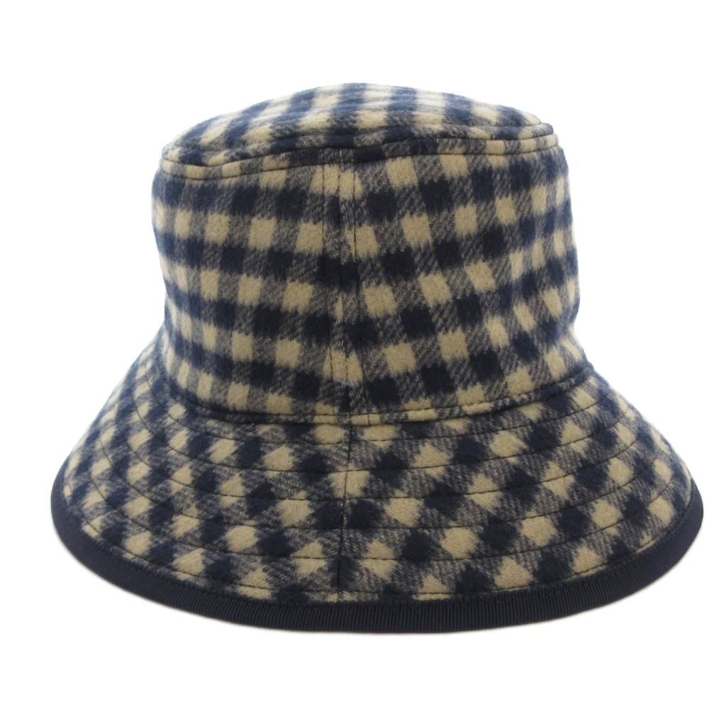 Gucci Bucket Hat Wool Silk Blend Plaid Lining Big GG Pattern M Navy Beige — view 4