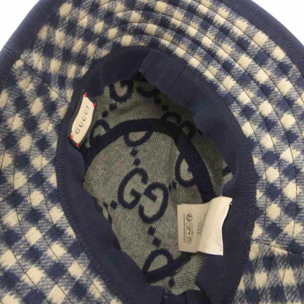 Gucci Bucket Hat Wool Silk Blend Plaid Lining Big GG Pattern M Navy Beige — view 5