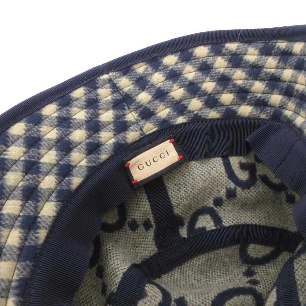Gucci Bucket Hat Wool Silk Blend Plaid Lining Big GG Pattern M Navy Beige — view 6