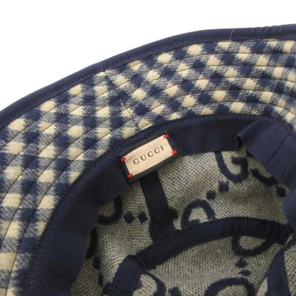 Gucci Bucket Hat Wool Silk Blend Plaid Lining Big GG Pattern M Navy Beige — view 6