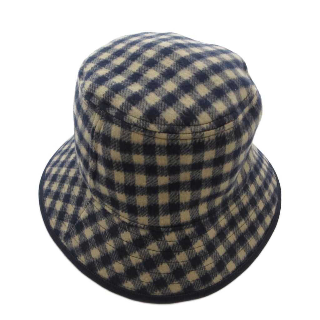 Gucci Bucket Hat Wool Silk Blend Plaid Lining Big GG Pattern M Navy Beige