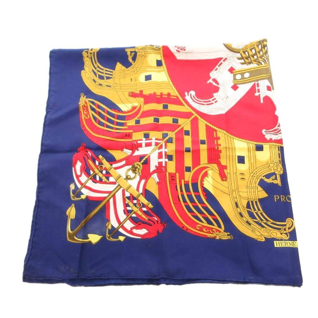 Hermes Proues Scarf Carre 90 Logo All Over Pattern Silk Navy