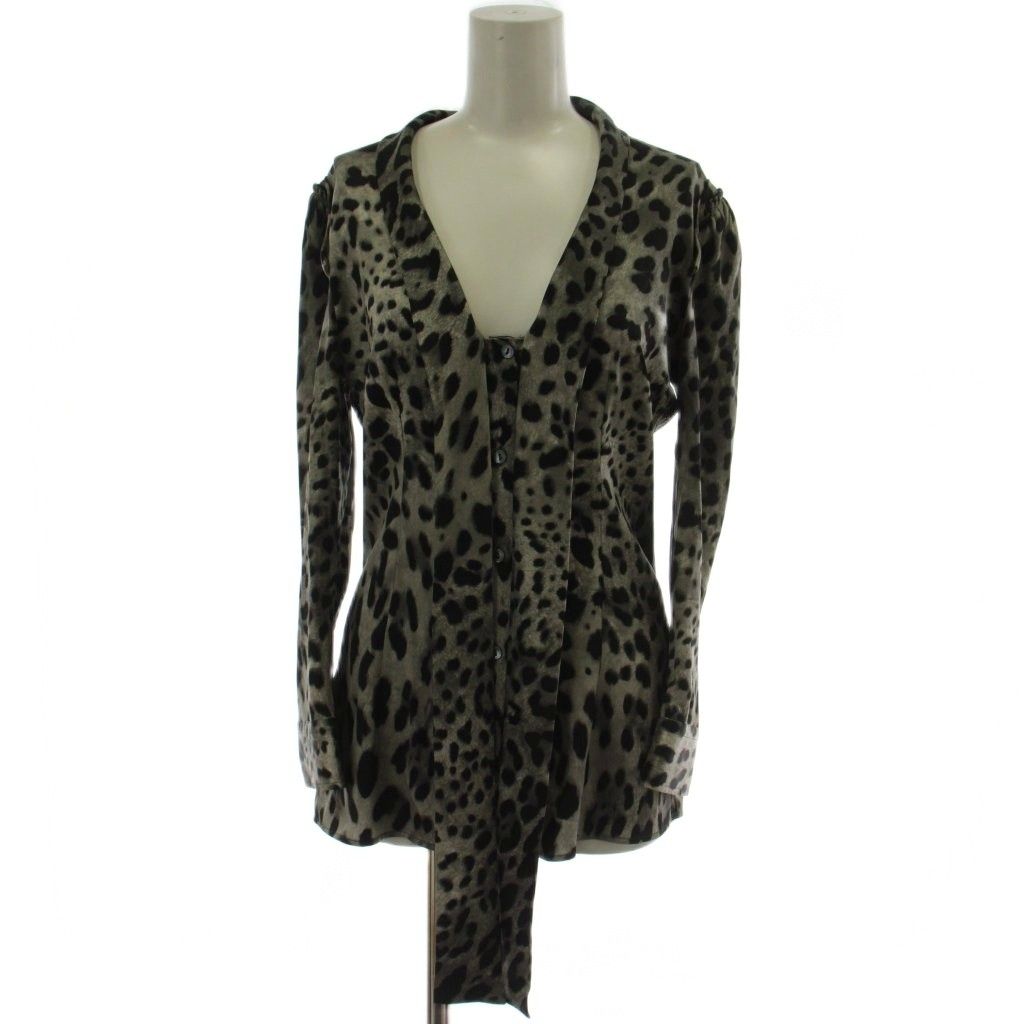 Dolce & Gabbana Shirt Blouse 40 Gray Black Long Sleeve Animal Pattern Bowtie