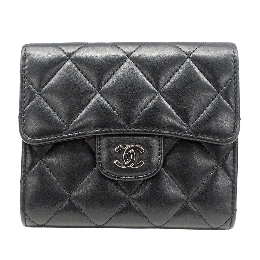 Chanel Wallet Trifold Quilted Lambskin Black Silver Adult Logo