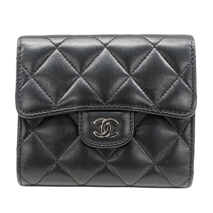 Chanel Wallet Trifold Quilted Lambskin Black Silver Adult Logo