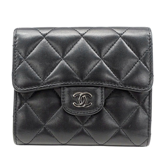 Chanel Wallet Trifold Quilted Lambskin Black Silver Adult Logo