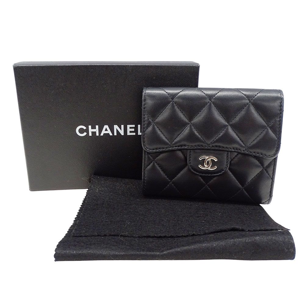 Chanel Wallet Trifold Quilted Lambskin Black Silver Adult Logo — view 5