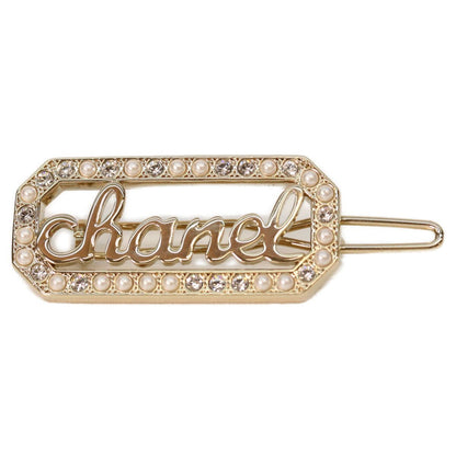Chanel Gold Line Stone Faux Pearl Logo Hair Clip