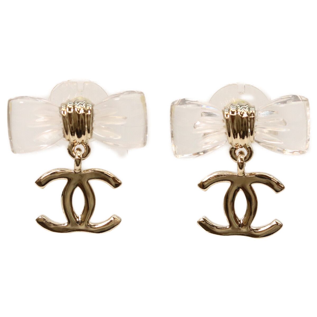 Chanel Gold CC Logo Clear Ribbon Earrings