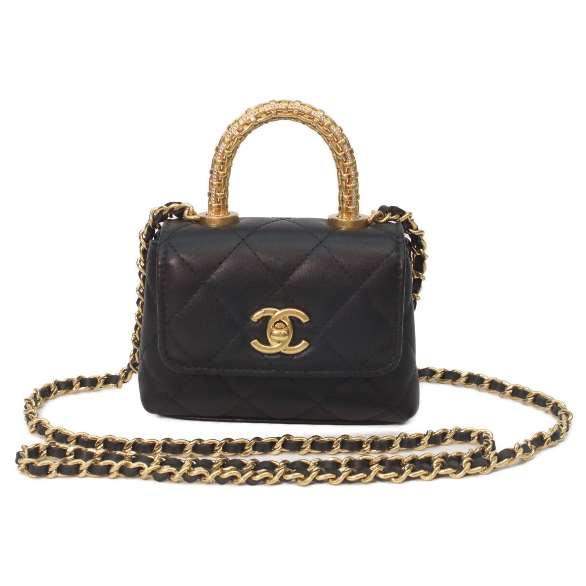 Chanel Black Lambskin Gold Top Handle Flap Bag Micro Coco