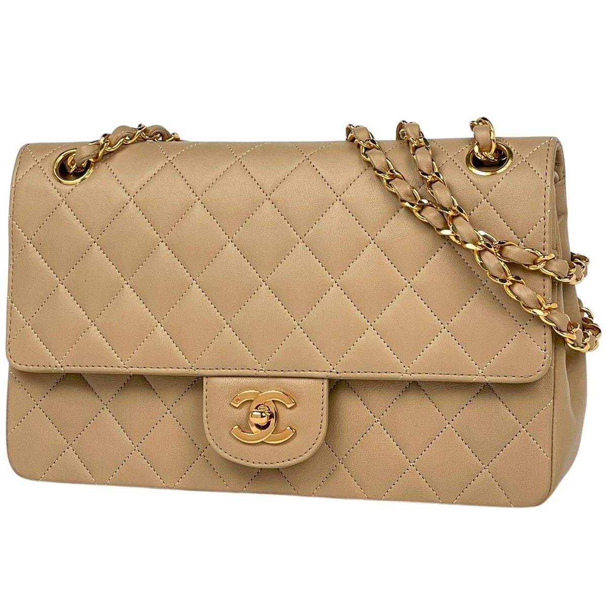 Chanel Junk Quilted Double Flap Chain Shoulder Bag CC Logo Leather Beige