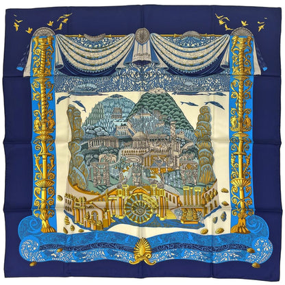 Hermes Carre 90 L'atlantide Atlantis Scarf Silk Navy Multicolor