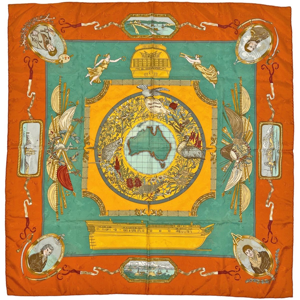 Hermes Carre 90 le Geographe Geographer Scarf Silk Orange