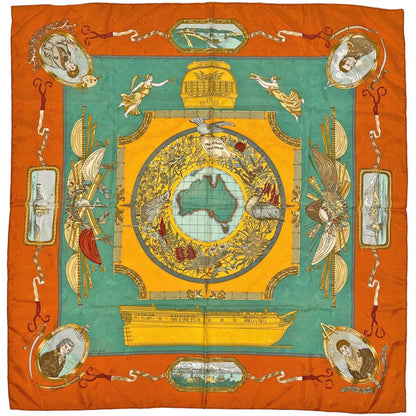 Hermes Carre 90 le Geographe Geographer Scarf Silk Orange