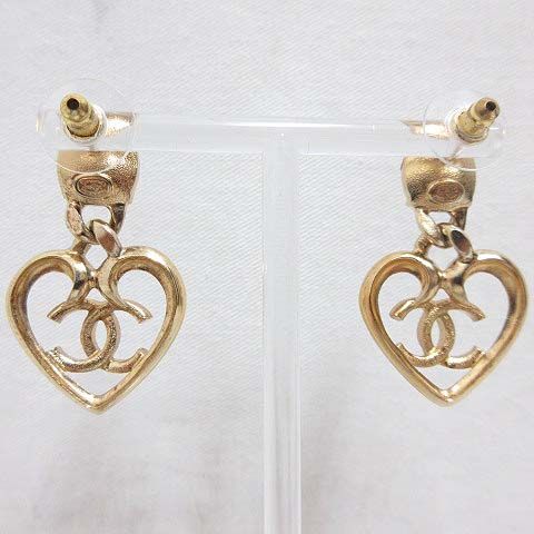Chanel Earrings Heart CC Logo Line Stone Stud Gold Pink — view 2