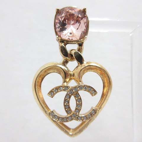 Chanel Earrings Heart CC Logo Line Stone Stud Gold Pink — view 3