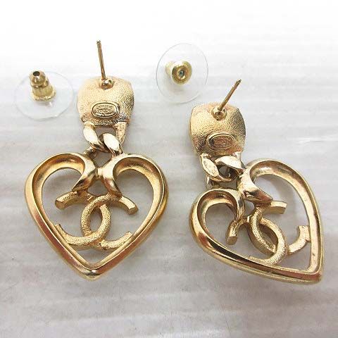 Chanel Earrings Heart CC Logo Line Stone Stud Gold Pink — view 5