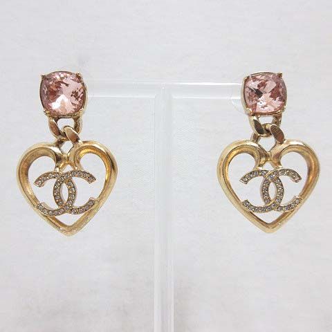 Chanel Earrings Heart CC Logo Line Stone Stud Gold Pink