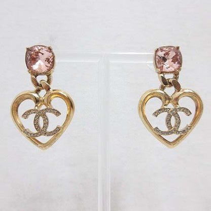 Chanel Earrings Heart CC Logo Line Stone Stud Gold Pink