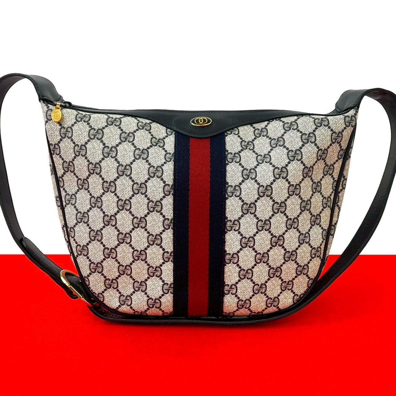 Gucci Vintage Sherry Line GG Logo Leather Shoulder Bag Navy