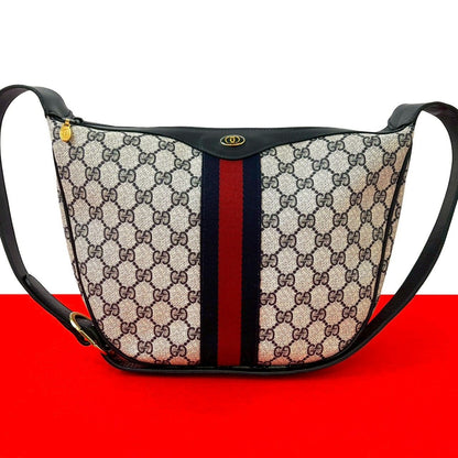 Gucci Vintage Sherry Line GG Logo Leather Shoulder Bag Navy