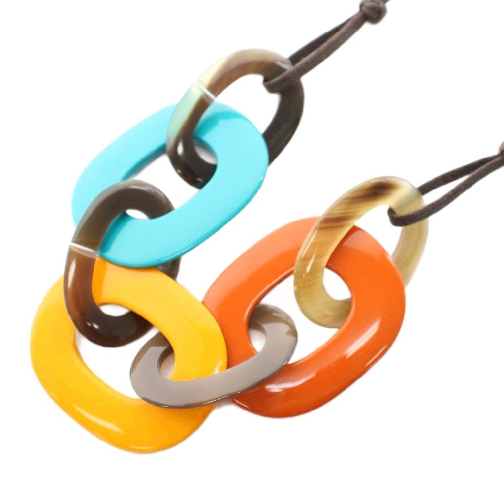 Hermes Karamba Necklace Pendant Buffalo Horn Lacquer Wood Blue Yellow Orange YT