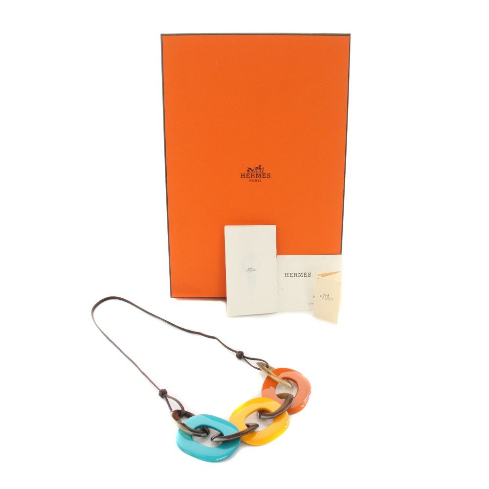 Hermes Karamba Necklace Pendant Buffalo Horn Lacquer Wood Blue Yellow Orange YT — view 8