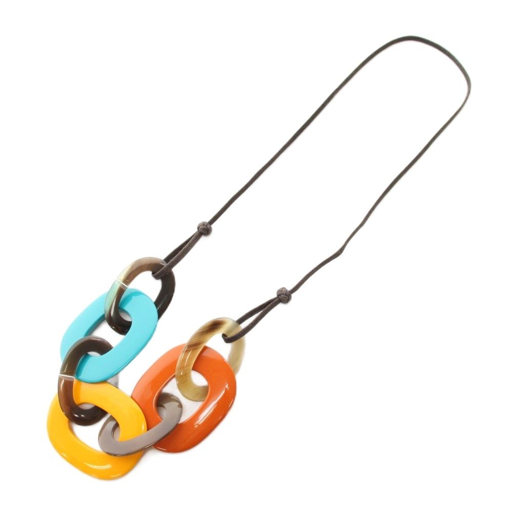 Hermes Karamba Necklace Pendant Buffalo Horn Lacquer Wood Blue Yellow Orange YT — view 2