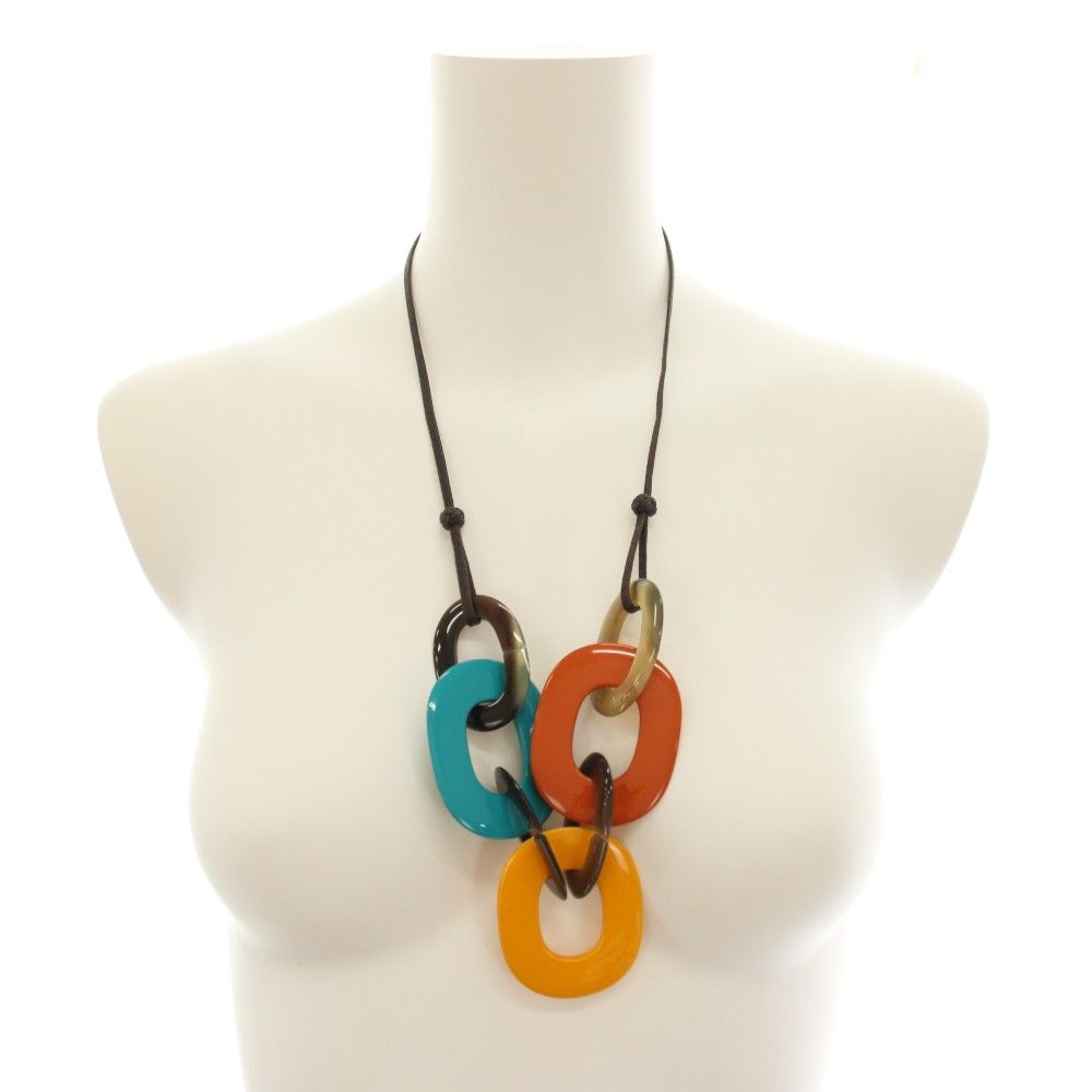 Hermes Karamba Necklace Pendant Buffalo Horn Lacquer Wood Blue Yellow Orange YT — view 7