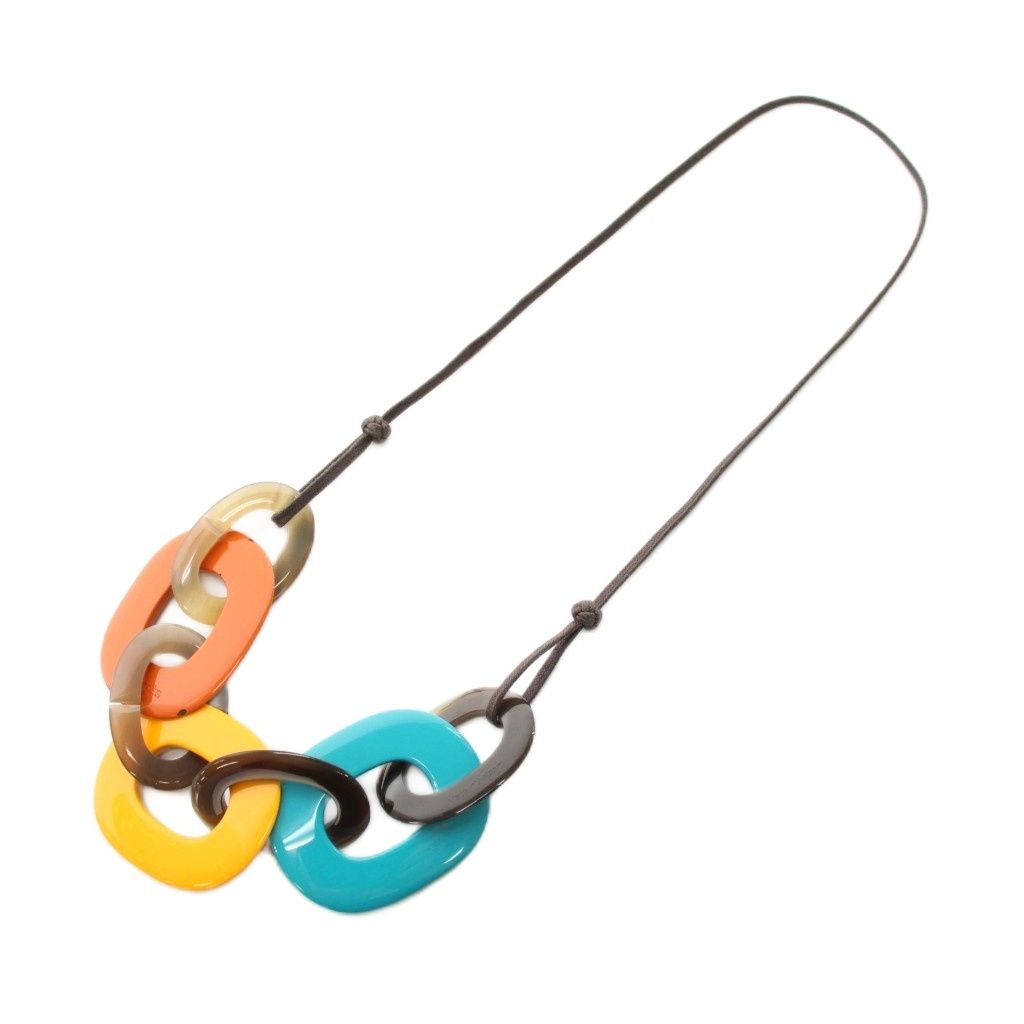 Hermes Karamba Necklace Pendant Buffalo Horn Lacquer Wood Blue Yellow Orange YT — view 4
