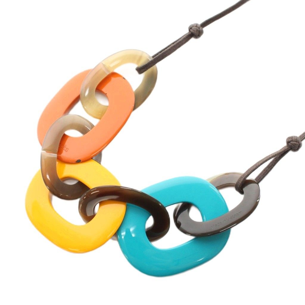 Hermes Karamba Necklace Pendant Buffalo Horn Lacquer Wood Blue Yellow Orange YT — view 3
