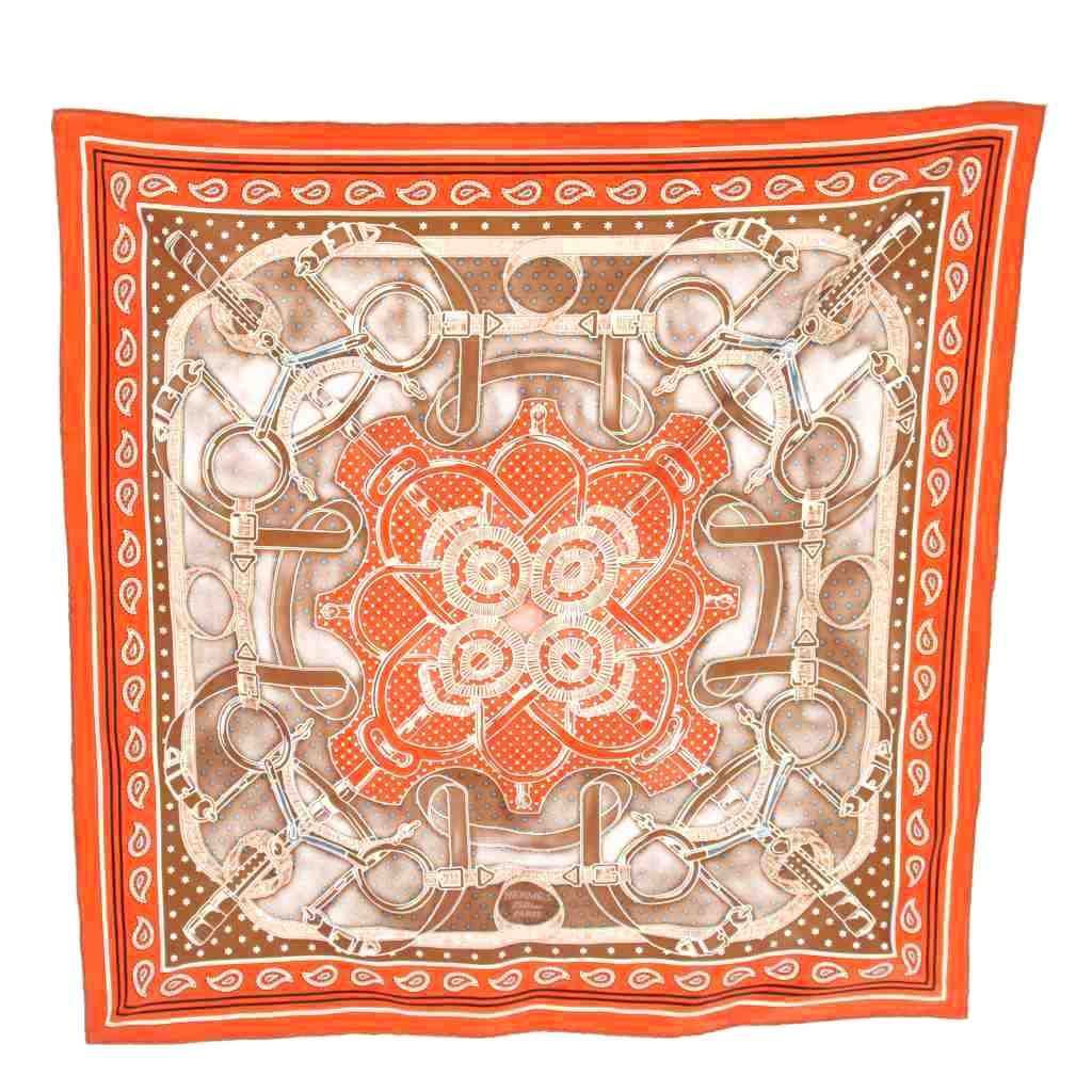 Hermes Carre 55 Apron D'or Yellow Gold Spurs Scarf Bandana Silk All Over