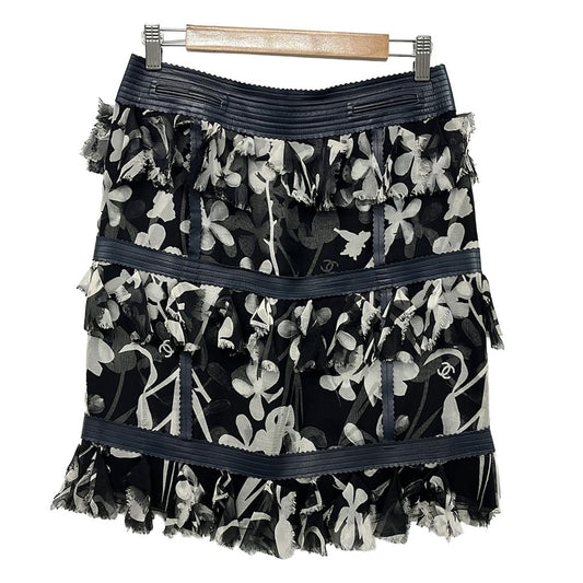 Chanel Skirt 38 M Black Ivory Dark Navy Silk Floral Frill CC Logo
